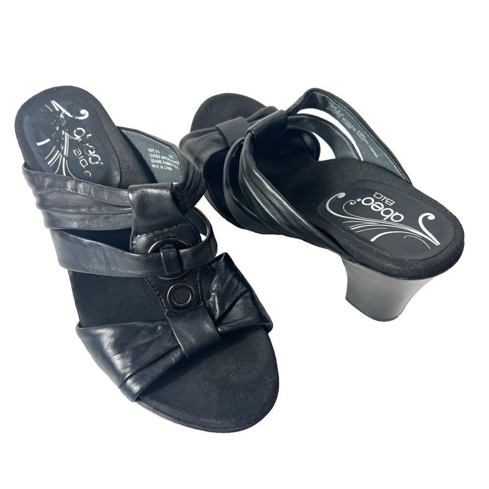 Abeo Black Leather Heeled Sandals Womens Size 6N Slip On Open Toe Comfort Casual
